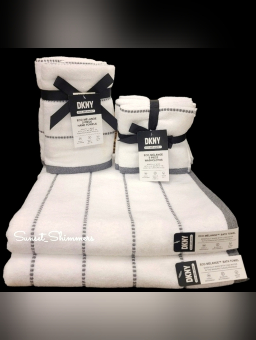8pc DKNY White Dark Gray Dot Pin Stripe Bath / Hand / Washcloth Towel Set New